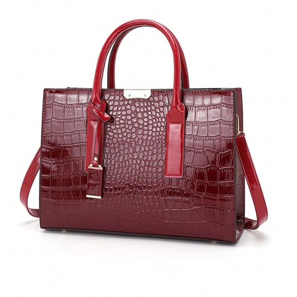 Burgundy Women's Large Capacity embossed crocodile Crossbody Tote - Picture 4 of 8